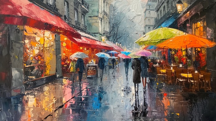 Framed impressionist oil painting of a rainy city street